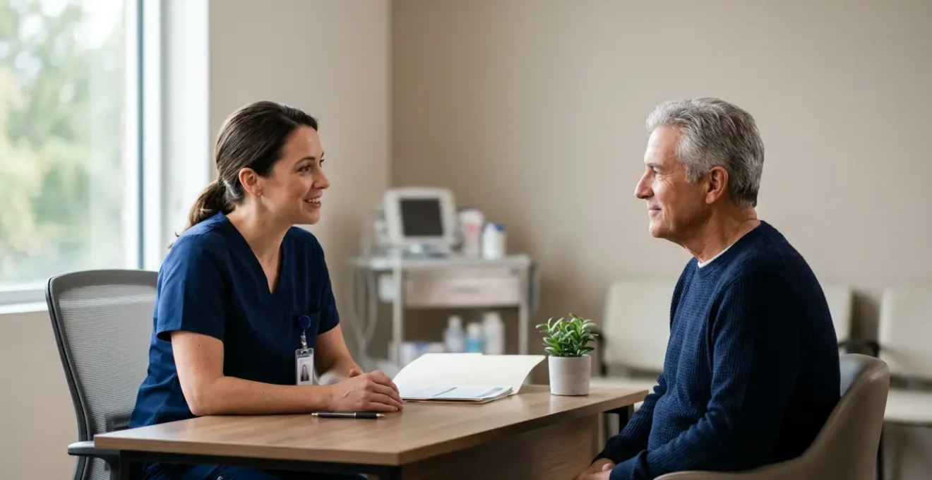 Professional medical consultation scene showing patient-centered anesthesia preparation discussion for nausea prevention