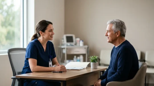 Professional medical consultation scene showing patient-centered anesthesia preparation discussion for nausea prevention