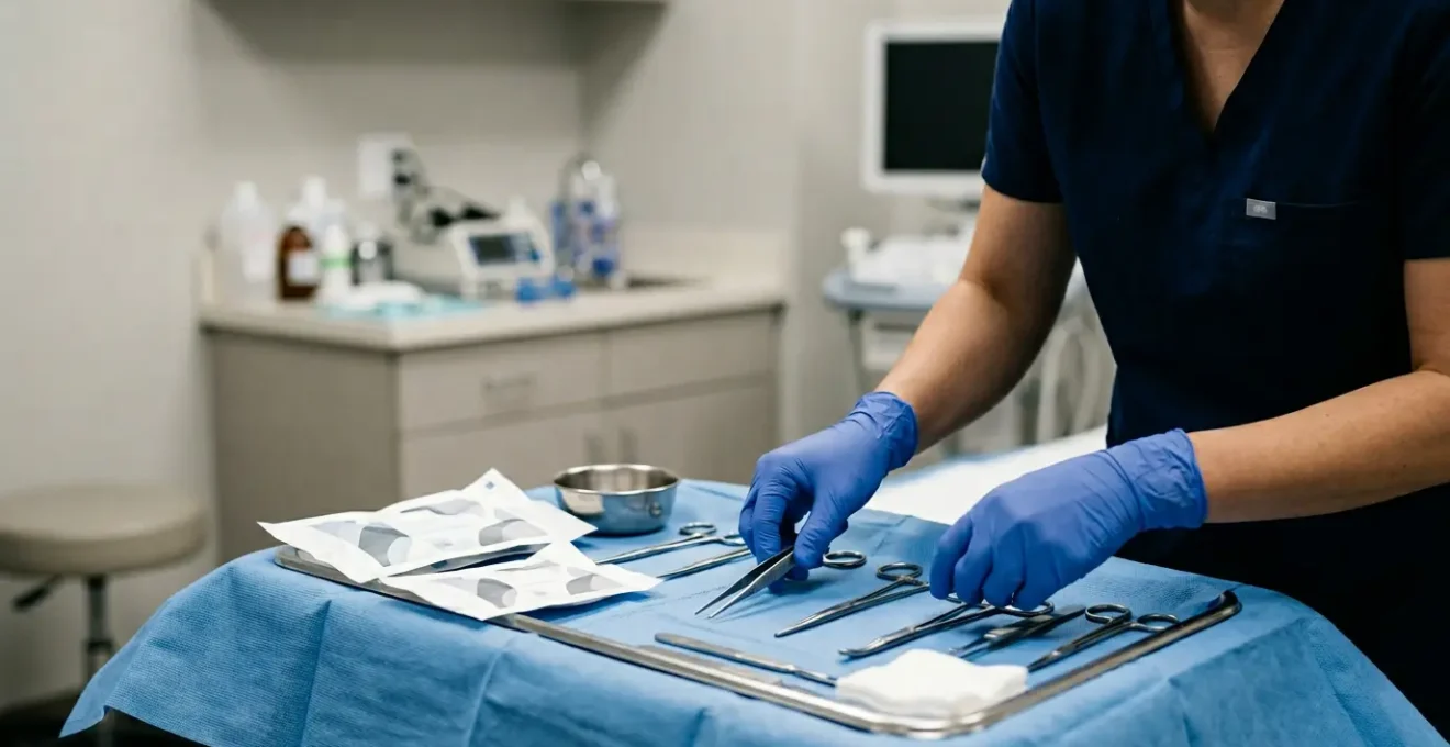 Close-up view of a healthcare professional's gloved hands performing a sterile procedure in a clinical setting, emphasizing proper aseptic technique