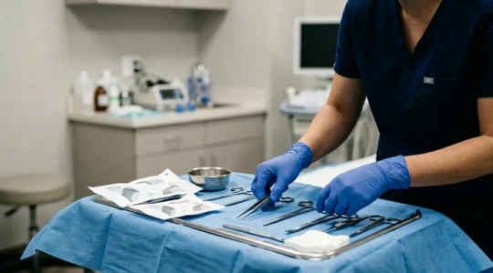 Close-up view of a healthcare professional's gloved hands performing a sterile procedure in a clinical setting, emphasizing proper aseptic technique