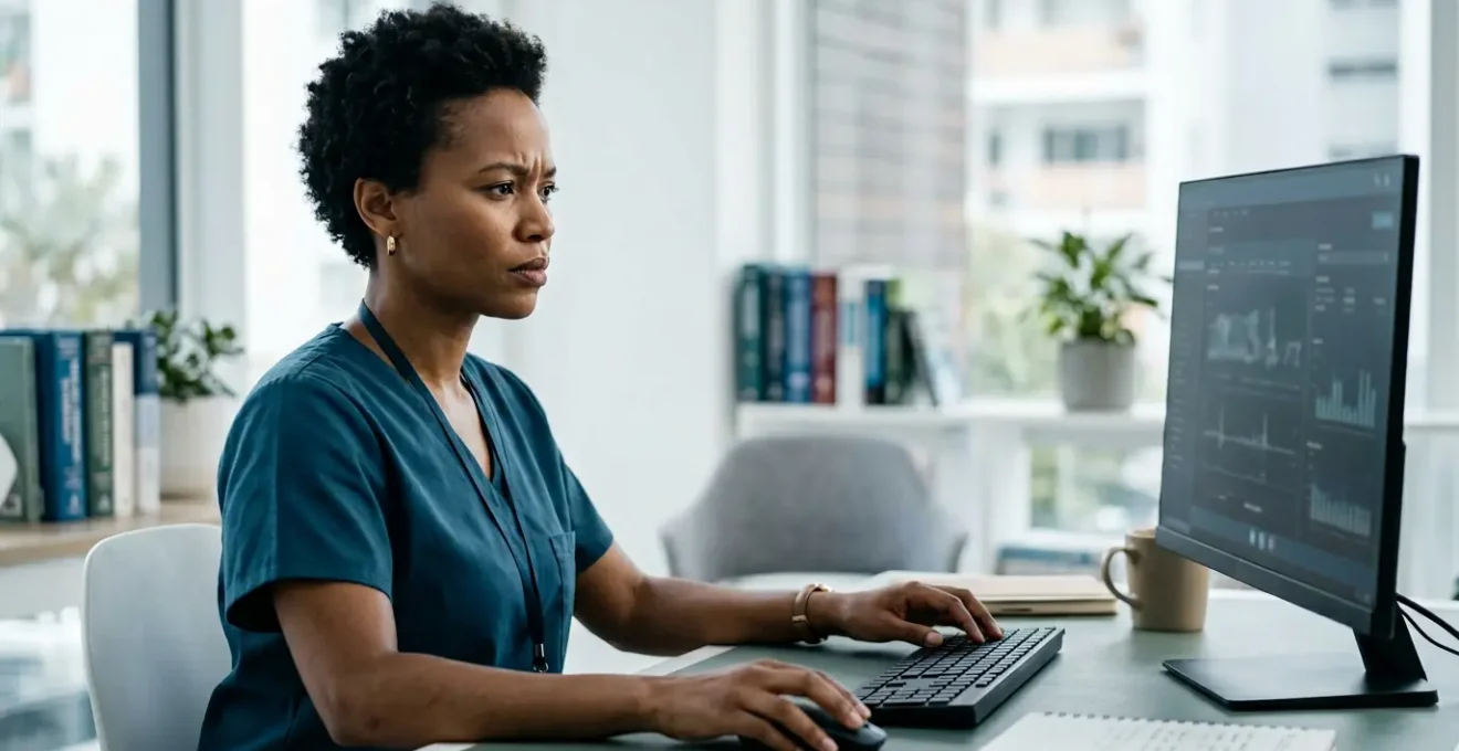 Healthcare professional carefully reviewing patient digital health records on computer screen with focused attention to detail