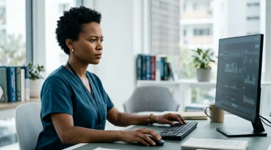Healthcare professional carefully reviewing patient digital health records on computer screen with focused attention to detail