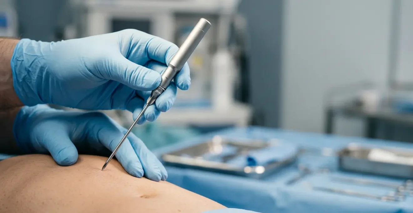 Medical professional performing minimally invasive biopsy procedure with precision instruments