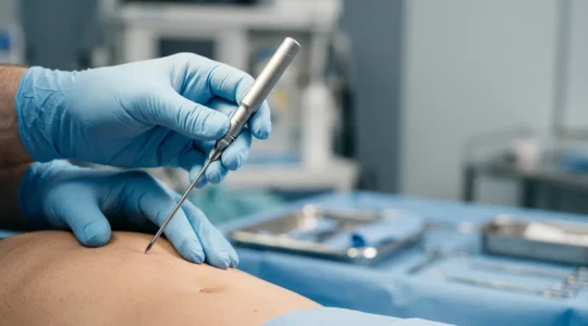 Medical professional performing minimally invasive biopsy procedure with precision instruments