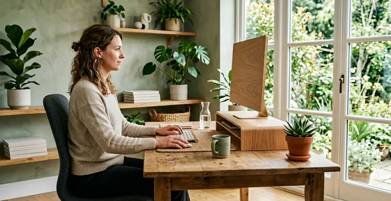 Person maintaining neutral spine alignment while working at ergonomic desk setup with proper posture