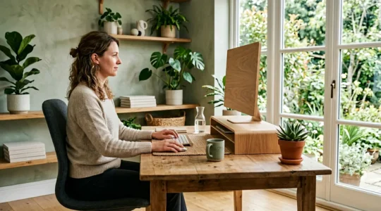 Person maintaining neutral spine alignment while working at ergonomic desk setup with proper posture