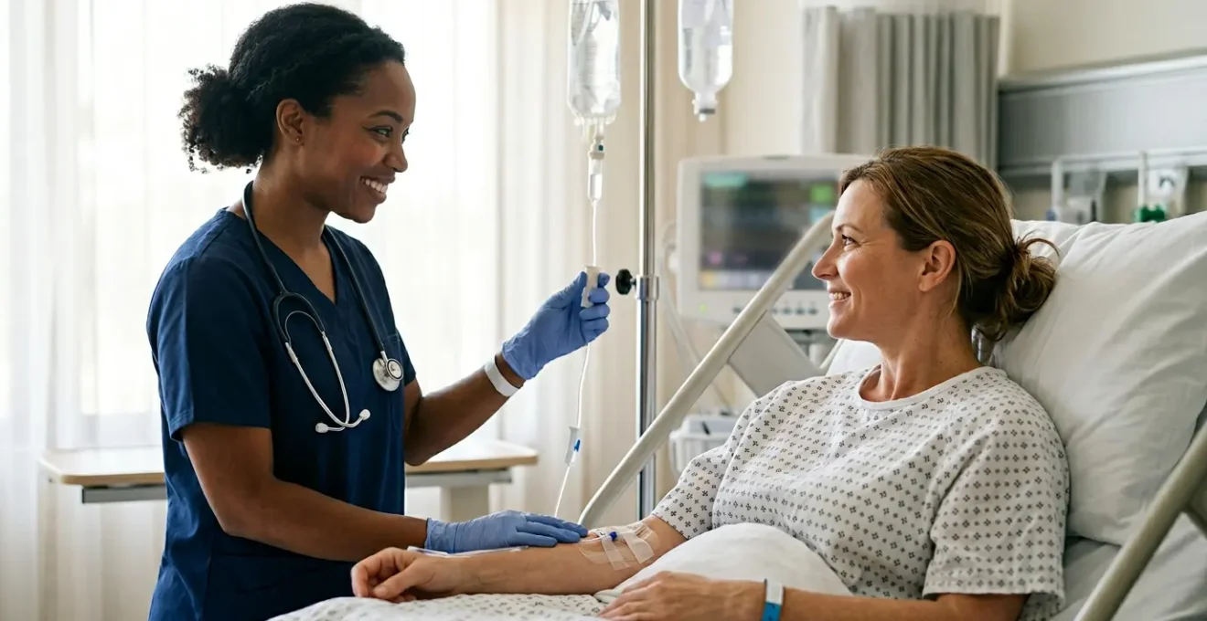 Professional nurse providing compassionate bedside care to recovering patient in modern hospital setting