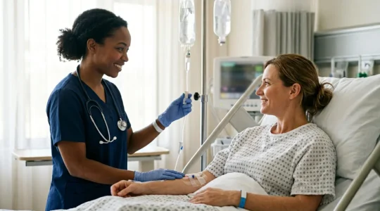 Professional nurse providing compassionate bedside care to recovering patient in modern hospital setting