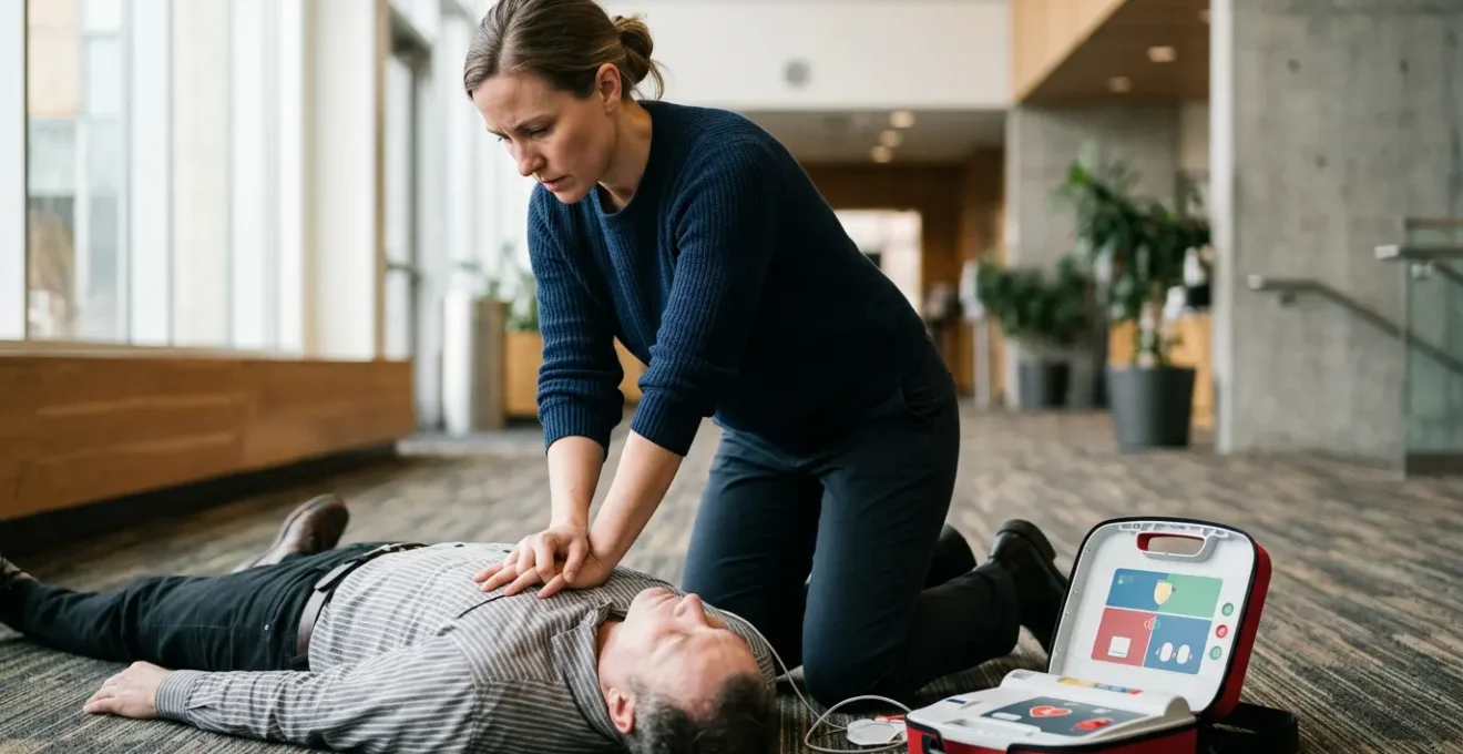 Emergency responder using an automated external defibrillator in a critical cardiac arrest situation