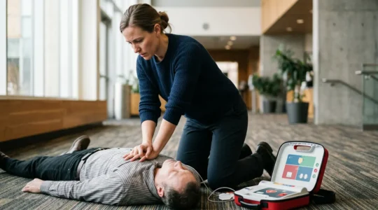 Emergency responder using an automated external defibrillator in a critical cardiac arrest situation