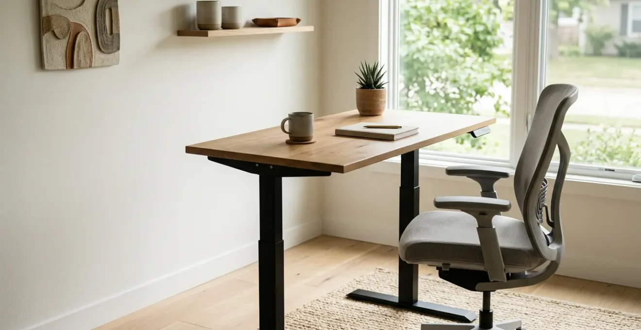 Professional workspace setup showing ergonomic positioning for lower back health