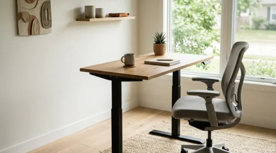 Professional workspace setup showing ergonomic positioning for lower back health