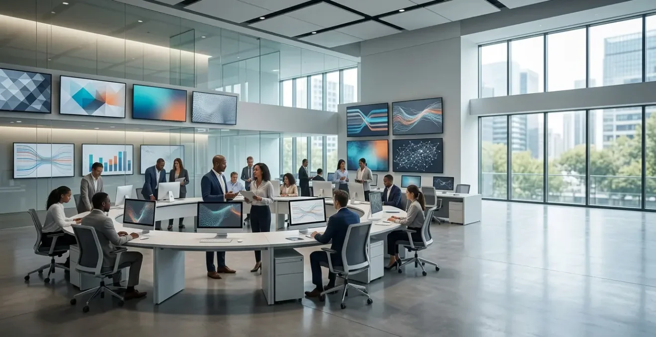 Wide-angle view of a modern public health command center with multiple monitoring stations showing global health data, emphasizing coordinated pandemic preparedness infrastructure