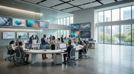 Wide-angle view of a modern public health command center with multiple monitoring stations showing global health data, emphasizing coordinated pandemic preparedness infrastructure