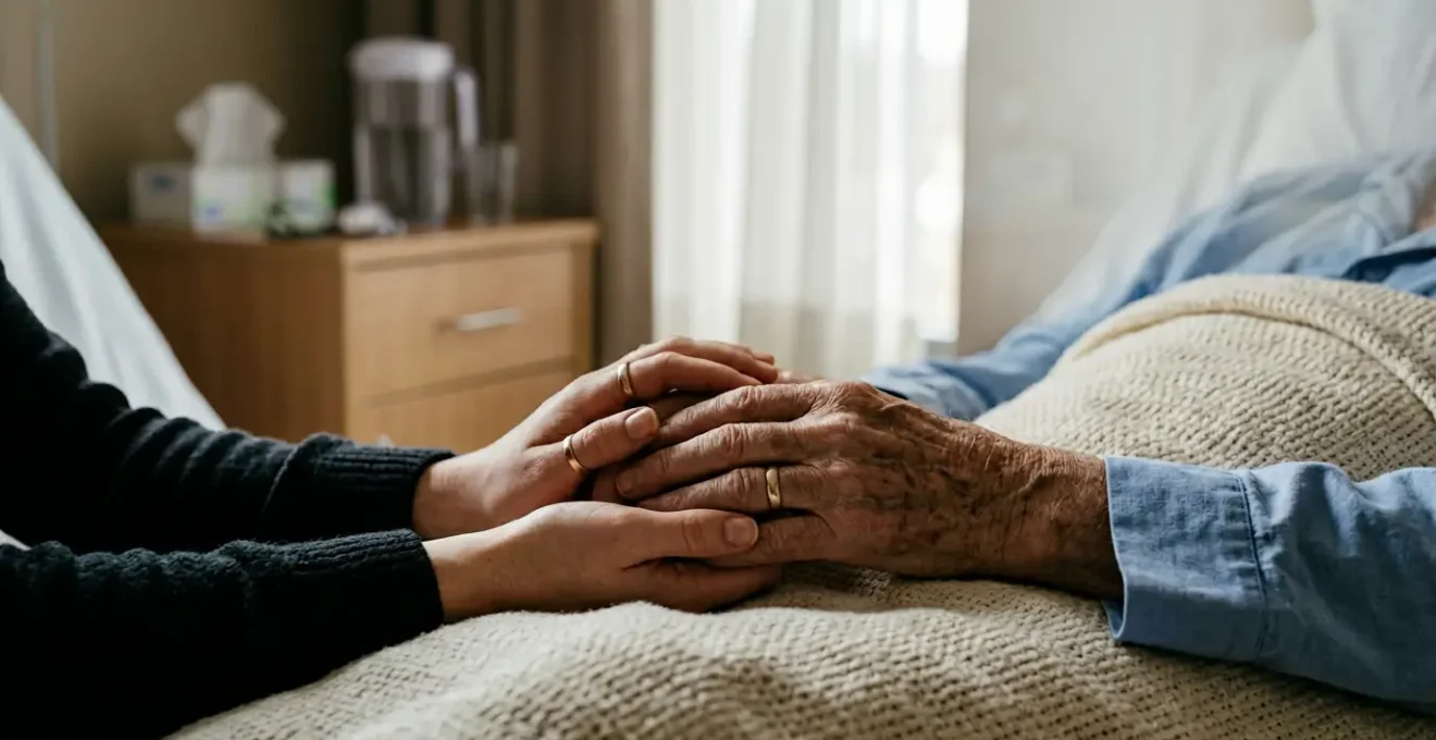 A contemplative scene depicting end-of-life healthcare decision-making with soft natural lighting and emotional depth