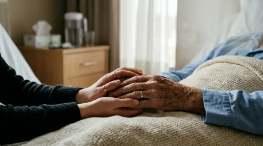 A contemplative scene depicting end-of-life healthcare decision-making with soft natural lighting and emotional depth
