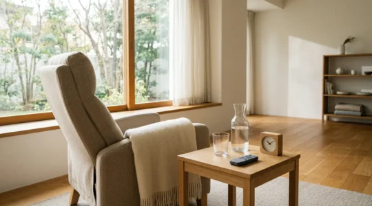 Comfortable and organized home recovery space with natural lighting and accessible essentials