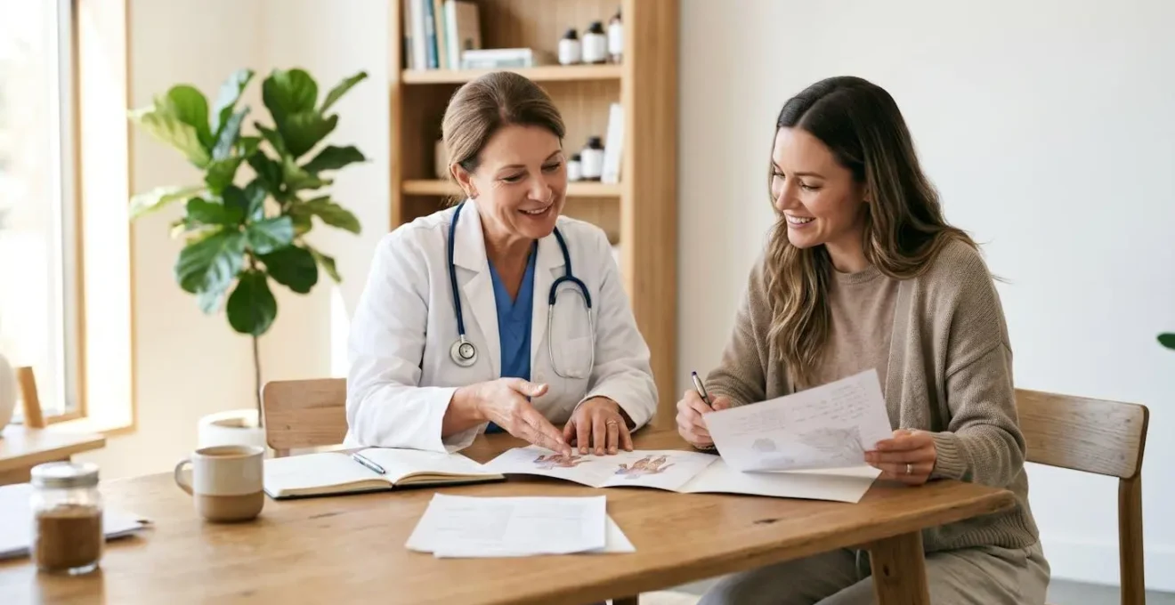 Professional healthcare collaboration scene showing integrative medical consultation