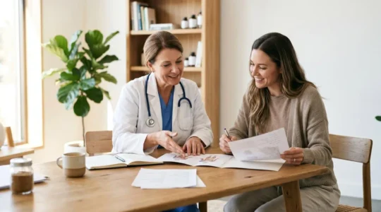 Professional healthcare collaboration scene showing integrative medical consultation