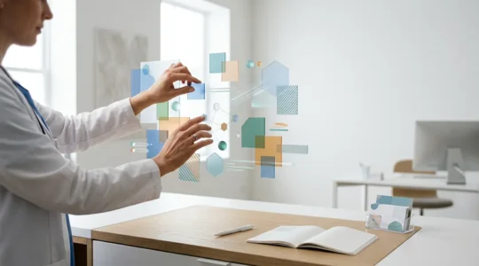 Medical professional organizing patient imaging files with secure digital system for second opinion consultation