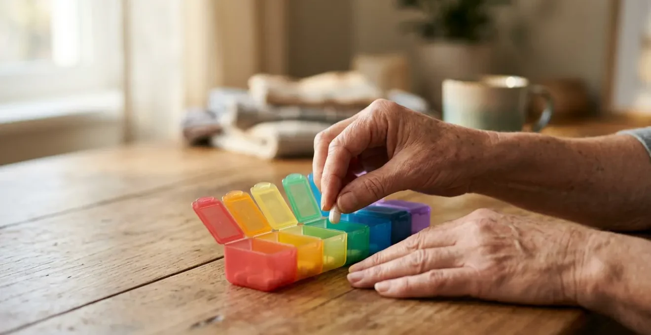 Person organizing medication with calm determination in natural light