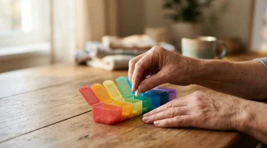 Person organizing medication with calm determination in natural light