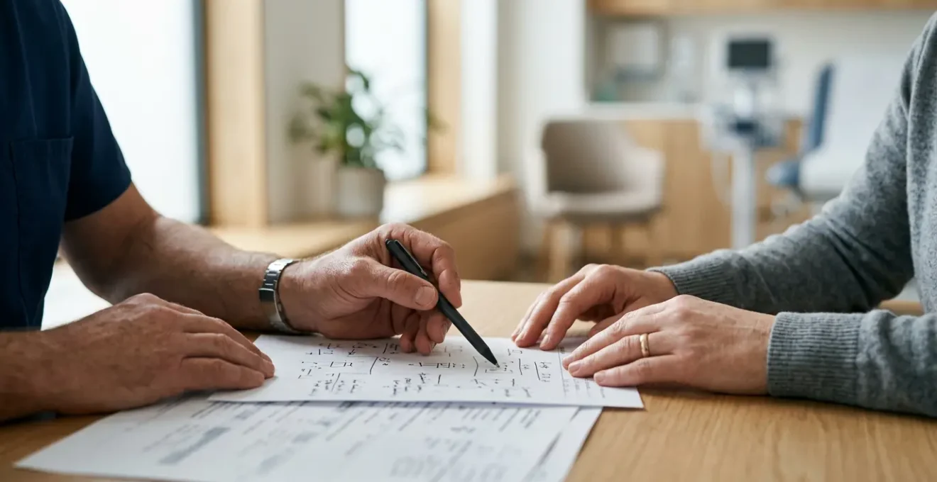 Professional consultation scene showing the delicate balance between medical necessity and personal choice in reconstructive interventions