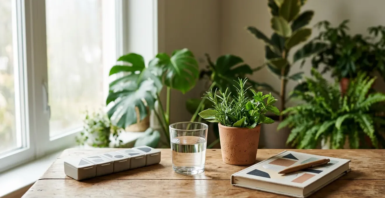 A carefully arranged morning wellness setup showing medication organization in natural light