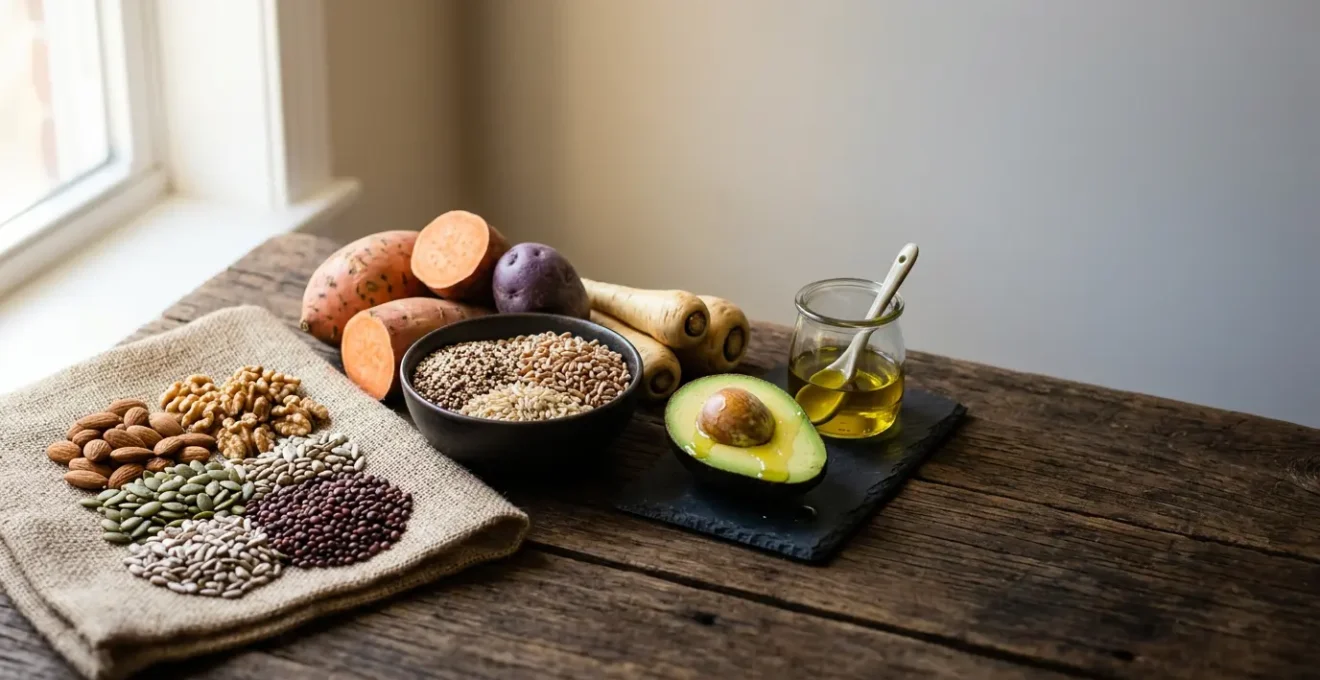 Editorial composition showing the three macronutrients metaphorically represented through natural elements in balanced arrangement