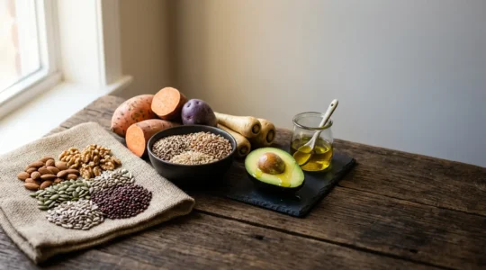 Editorial composition showing the three macronutrients metaphorically represented through natural elements in balanced arrangement