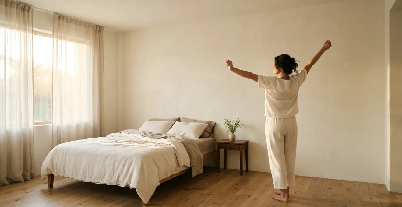 Person experiencing peaceful morning awakening with natural light creating calm atmosphere