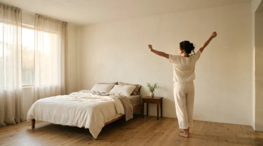 Person experiencing peaceful morning awakening with natural light creating calm atmosphere