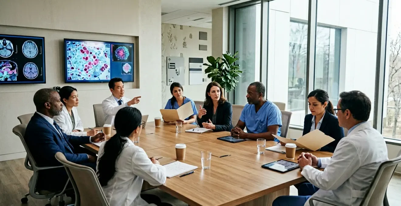 Multidisciplinary cancer care team collaborating on patient treatment strategy