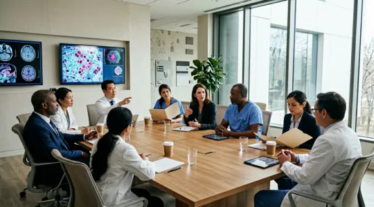 Multidisciplinary cancer care team collaborating on patient treatment strategy