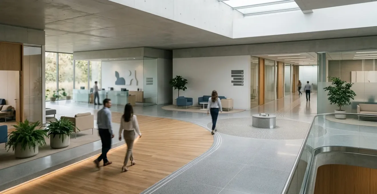 Wide-angle view of diverse individuals navigating a complex healthcare environment with symbolic pathways and decision points