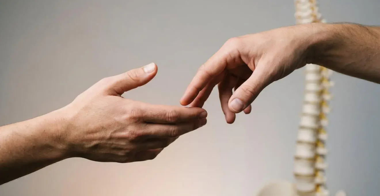 Two hands performing different manual therapy techniques on the human spine, highlighting the contrast between osteopathic and chiropractic approaches