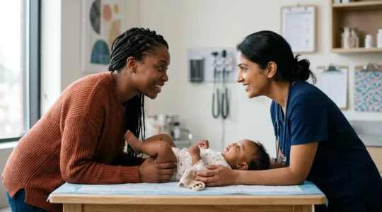 Parent and pediatrician collaborating during child wellness visit