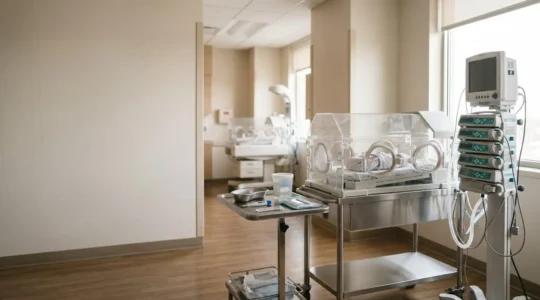 Professional neonatal care environment showing specialized equipment for monitoring premature infant growth markers