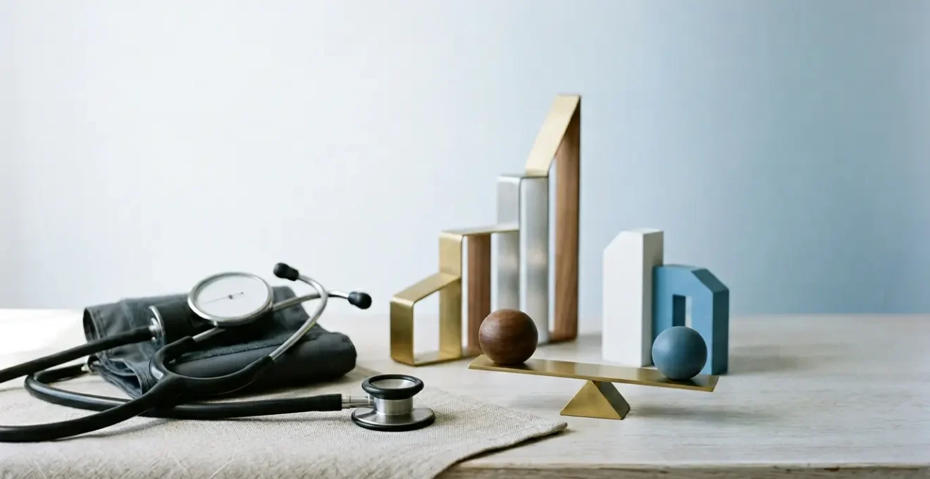 Professional editorial photograph showing medical screening tools and financial planning elements symbolizing cost-effective preventive healthcare investment