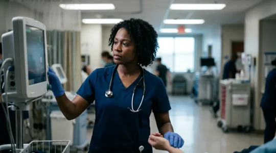 Emergency medical professional assessing vital signs of patient in critical condition