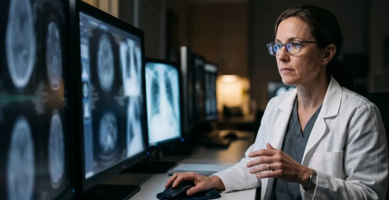 Radiologist examining medical scans in dimly lit reading room