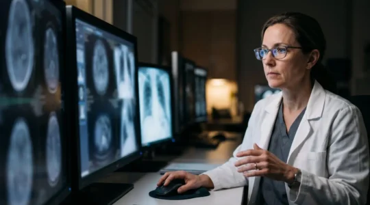 Radiologist examining medical scans in dimly lit reading room