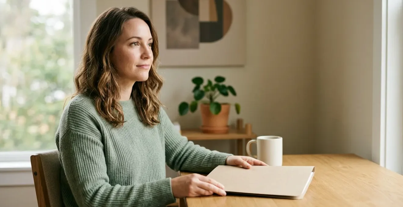 Person peacefully reviewing genetic health information in natural light setting with supportive healthcare materials
