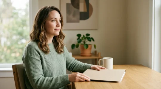 Person peacefully reviewing genetic health information in natural light setting with supportive healthcare materials