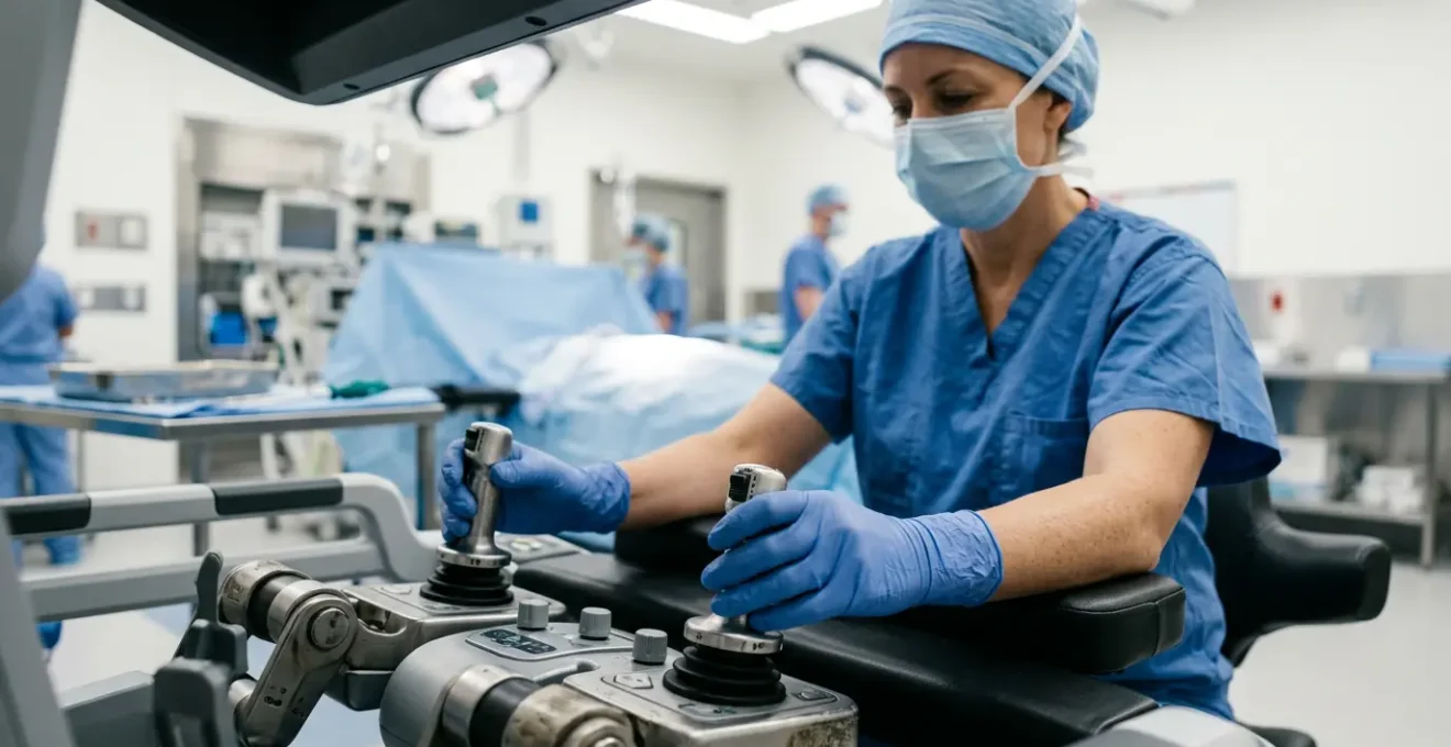 Surgeon operating advanced robotic surgical console in modern operating room environment