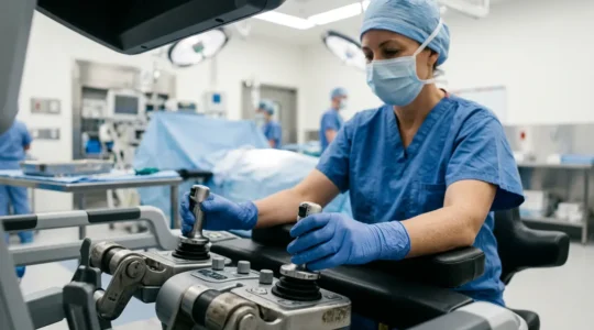 Surgeon operating advanced robotic surgical console in modern operating room environment