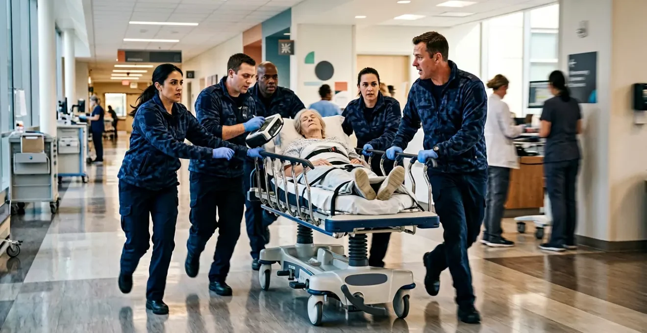 Emergency medical team rushing with medical equipment in a hospital corridor during critical golden hour stroke response