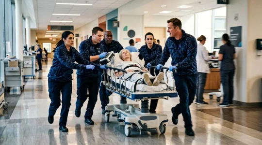 Emergency medical team rushing with medical equipment in a hospital corridor during critical golden hour stroke response