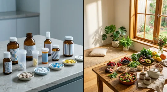 A conceptual health and wellness image showing natural healing elements symbolizing root cause treatment versus symptomatic relief