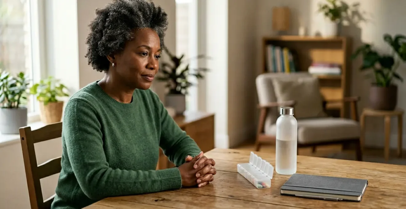 Person organized and prepared for medical journey with symbolic health management tools
